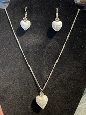 Necklace  Earrings Set Glass White Swirl Heart Shapes