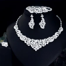 White Gold Plated CZ Bridal Necklace Dubai Wedding Party Costume Jewelry Set