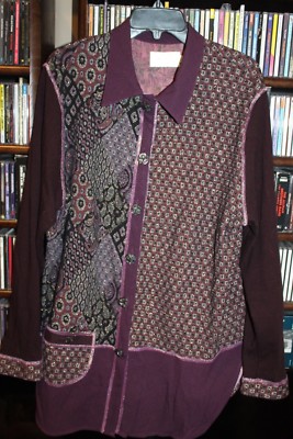 Cache maroon w gray jacquard Knit longer Jacket Top Ladies sz L (bin154)