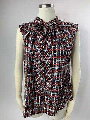 L.L. Bean Signature Navy Red Yellow Plaid Secretary Tie Neck Blouse Top 4 Nice!