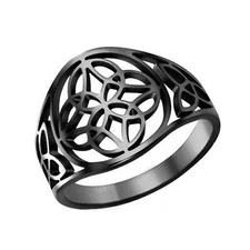 Celtic Circle Knot Ring Womens Black Stainless Steel Triquetra Trinity Star Band