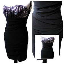 Y2k Strapless Midi Dress L Black Bodycon pleat Leopard top Whimsigoth Dark Fairy