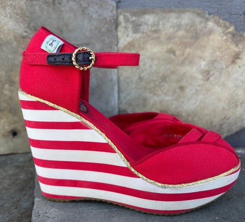 MISS L FIRE (37/6.5) Platform Wedge Nautical Peep-Toe Pin-Up Red Canvas Sandals - Picture 6 of 16