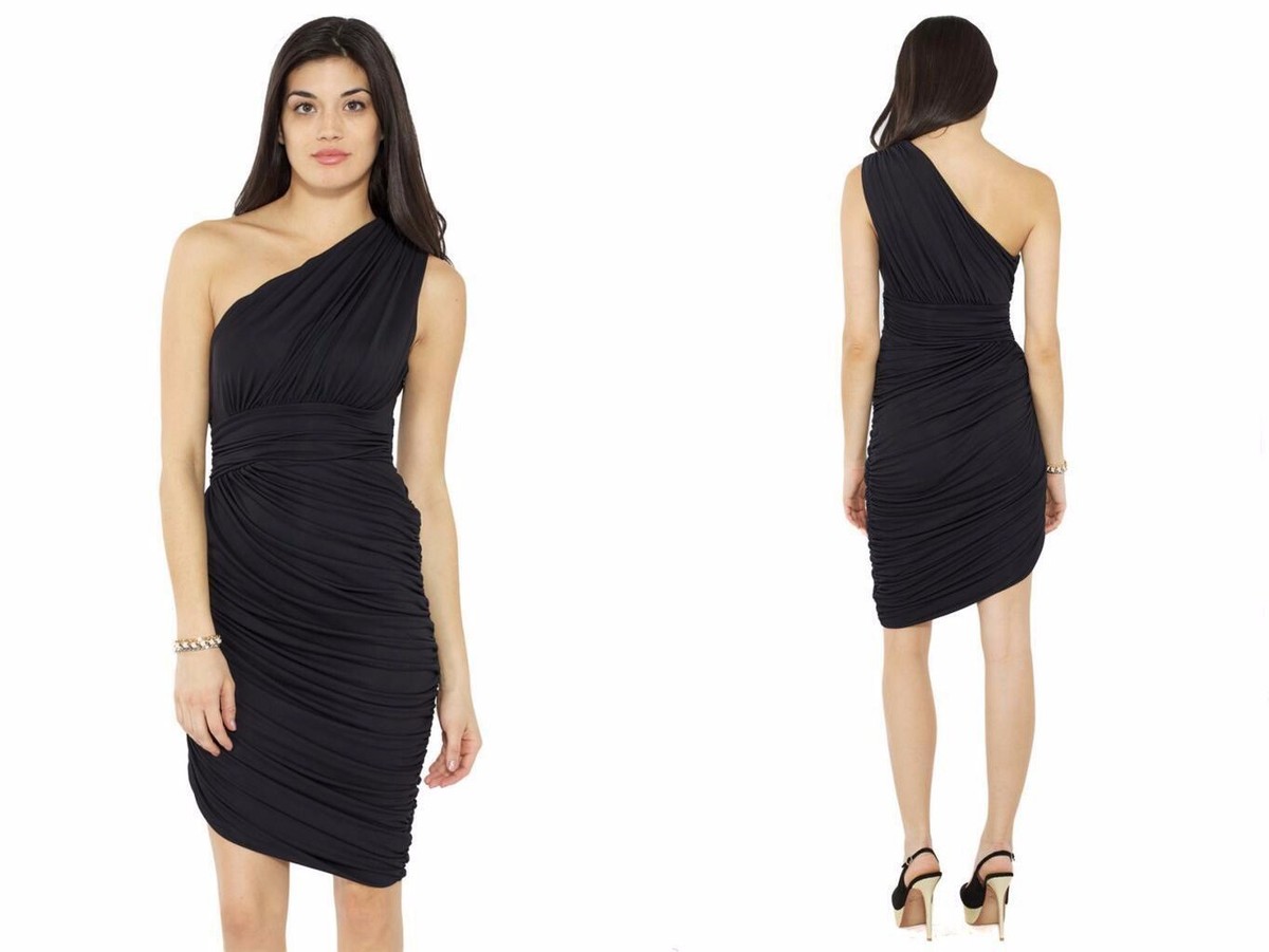 halston heritage black one shoulder dress HALSTON HERITAGE Size S Black Acetate Blend Draped One Shoulder Cocktail Dress