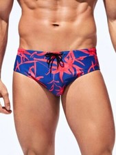 Blue  Red Tropical Men's Swim Briefs. Size Large 34"-36"