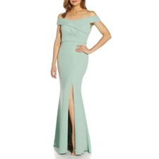 ADRIANNA PAPELL Off-the-shoulder Crepe Gown In Cloudy Aqua Size 2