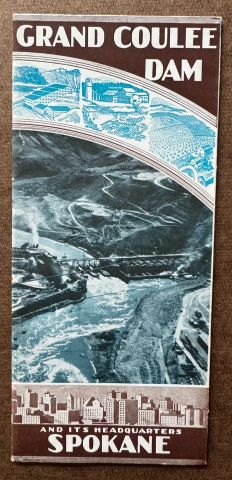 Mapa de colección ca 1935 Grand Coulee Dam & Spokane región de Washington ilustrado Foto 3 de 4
