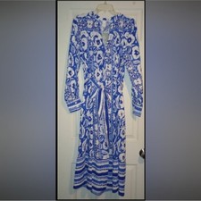 NWT H&M Blue/White Floral Collared Long Sleeve Belted Cotton Midi Dress M