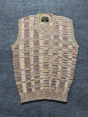 Vintage 70s 80s Knit Wear Wool Sweater Vest Dad Grandpa Geometric L Mulit Color