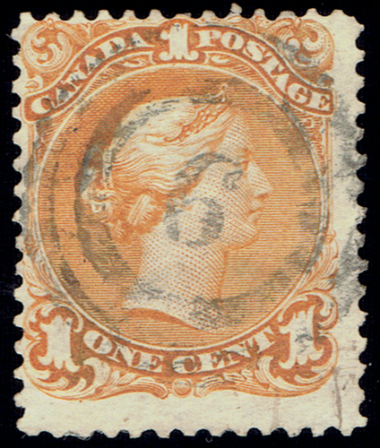 CANADA - 1869 - QUEEN VICTORIA 1c Yel Org - Sc #23 - Used F - Picture 1 of 2