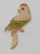 Vintage Bird Brooch Gold Tone Chip Inlay Shell Coral Style