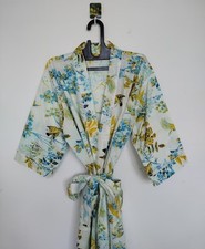 Indian White Bird Print Cotton Robes Long Kimono Sleepwear Night Suit