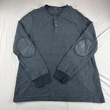Marc Anthony Thermal Henley Mens XL Black Striped Long Sleeve Elbow Patch Preppy