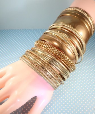Set of 30 Gold Bangle Bracelets Gold-tone Metal Assorted Styles Patterns Widths