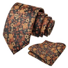 Mens Floral Necktie with Pocket Square for Wedding Party Tie 129-black orange