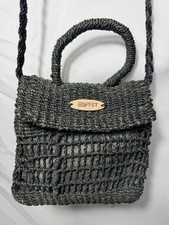 Mini borsa a tracolla vintage Y2K Esprit nera intrecciata in paglia e juta con manico superiore