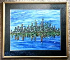 MIKOL MERLIN Framed Original Painting Modern Abstract Evening Seaside Cityscape