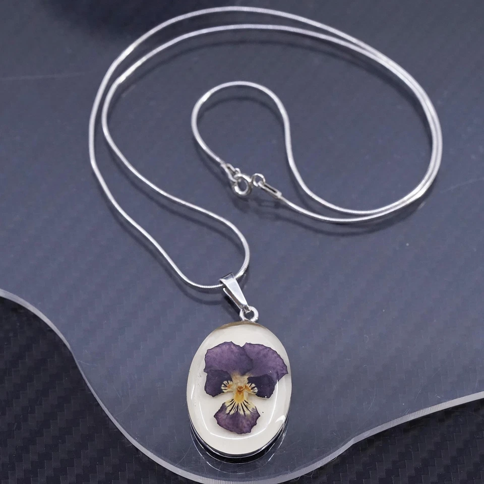 18”, plata de ley 925 serpiente cadena collar ovalado resina colgante flor púrpura Foto 4 de 4