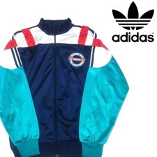 Rare Vtg 80s Adidas Multi-Color Track Jacket Trefoil Patch Navy Turquoise L/XL