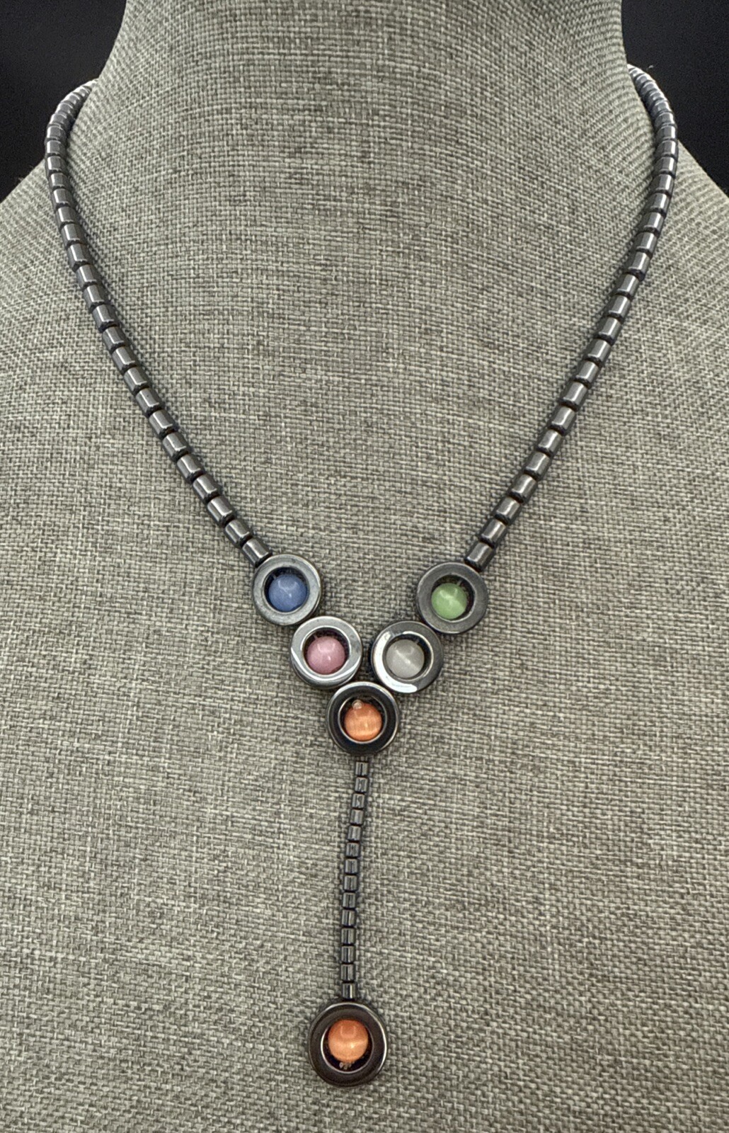 Necklace Multi-Color Cat's Eye Gemstone Beads Gunmetal 17 Inches See Photos