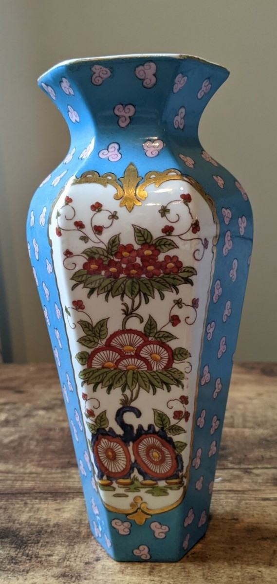 その他 VanHanh Nguyen Vtg Chinese hand painted Vase Six Sided Hexagonal Floral Birds