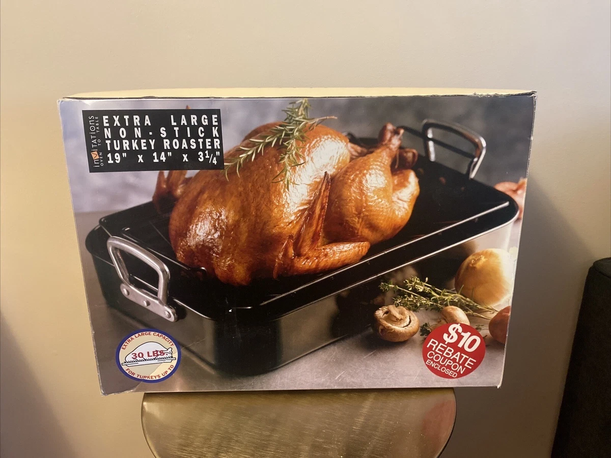 XL Non-Stick Turkey Roaster V-Rack 30 lb Capacity 19X14x3 Hard Size To Find  NEW