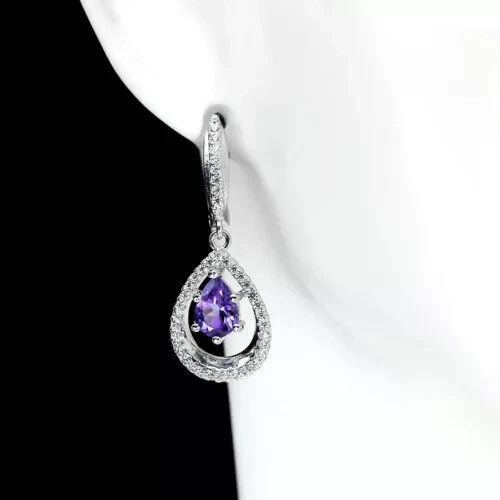 4.5Ct Pear Simulated Purple Amethyst Drop Dangle Earrings 14K Yellow Gold Plated - Image 2 of 4