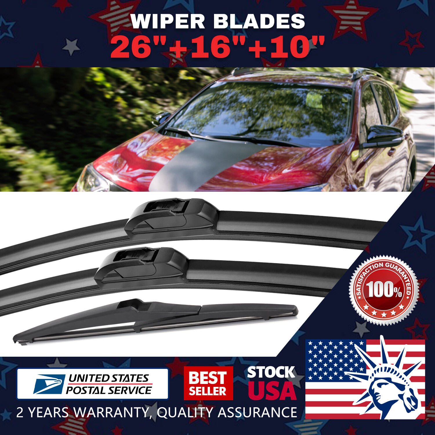 All Season 26''+16''+10'' Windshield Wiper Blades Driver&Passenger Side&Rear