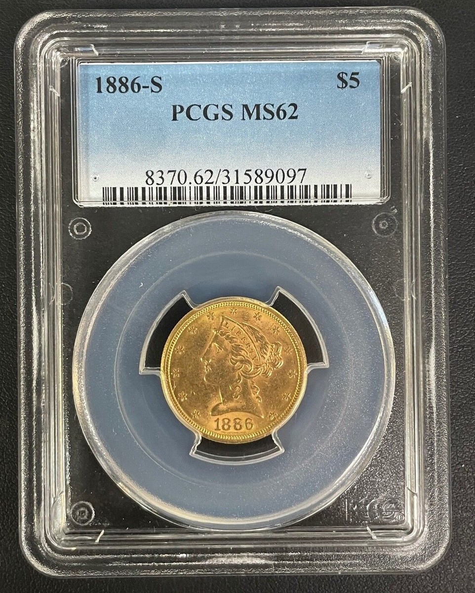 1886-S $5 Gold Liberty Half Eagle PCGS MS-62, Nice Uncirculated SF