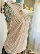 Adriana Papell Womens Blouse Medium Sleeveless Ruffle Ivory Black Polkadot