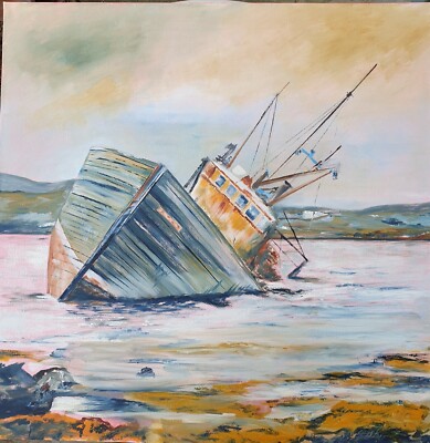 Fischerboot ''Das Wrack'' Meereslandschaft Original Ölgemälde 24'' × 24'' 