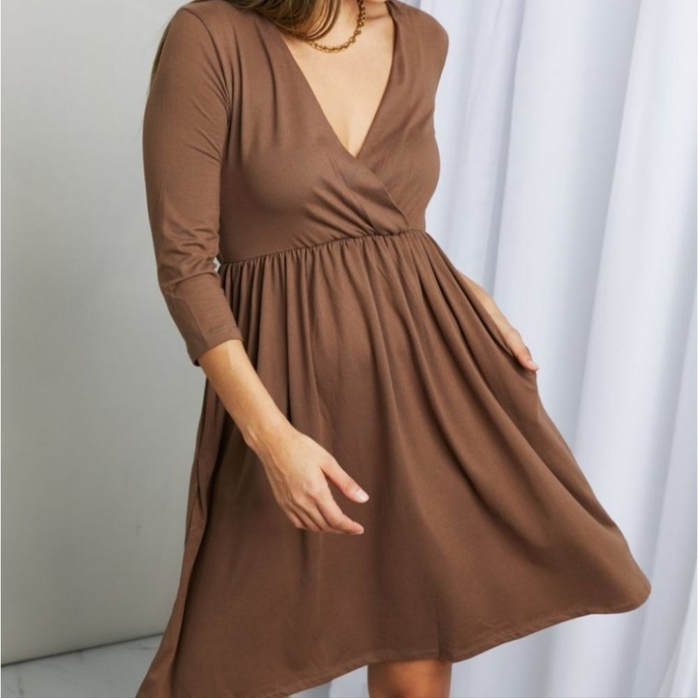 Zenana Three-Quarter Sleeve Surplice Dress with Pockets in Mocha Womens Size S