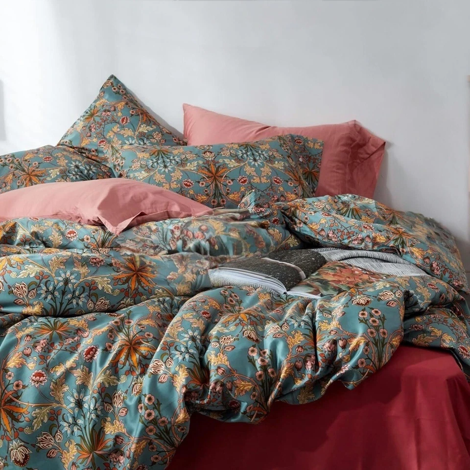 NUEVO Anthropologie Azul Naranja Boho King Size Ropa de Cama Edredón Floral Falso Estuche Set Foto 4 de 4