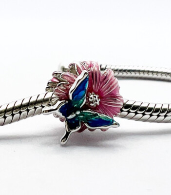 Butterfly Flower Charm Bead Insect Wings Genuine 925 Sterling Silver  
