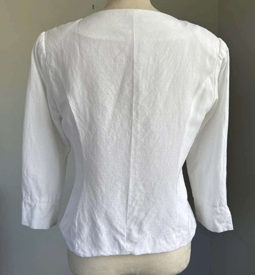 Blusa top manga 3/4 David N para mujer M blanca mezcla de lino botones delanteros Foto 3 de 4
