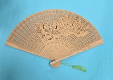 Vintage Wooden Folding Hand Fan Oriental Carved Wood Peacock With Box
