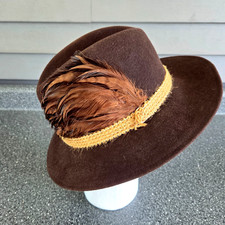 Dark Brown Fedora Hat Wide Brim Braided Band with Feather Band Classic 7 1/2 