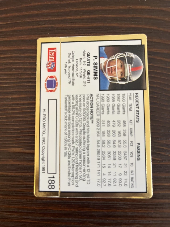 1991 Action Packed Football PHIL SIMMS #188 🔥 New York Giants - Image 2 of 3