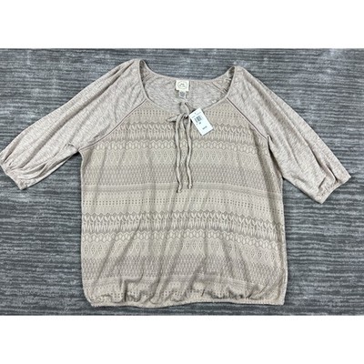 Belle du Jour Top Womens 3X Tan Lace Front Tie Neck 3/4 Sleeve Peasant Blouse