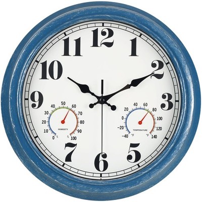 Elegant 13 Inch Waterproof Outdoor Clock with Thermometer & Hygrometer Blue