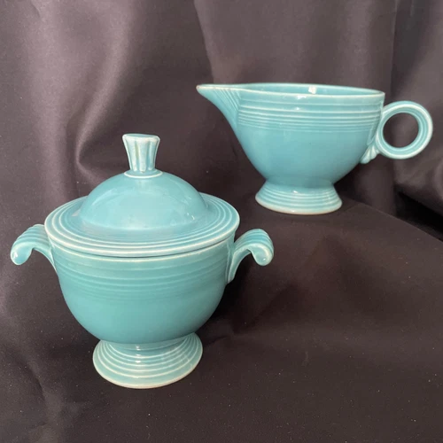 Vintage Fiesta Turquoise Creamer & Sugar Bowl with Lid ~ Original Fiestaware