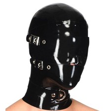 Rubber Latex Head Hood Mask with Back Zipper and Removable Blindfold and Mout...