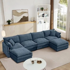 130.7" Modular Sectional Sofa w/ Ottoman, U-Shaped 4-Seater Chenille Couch Blue
