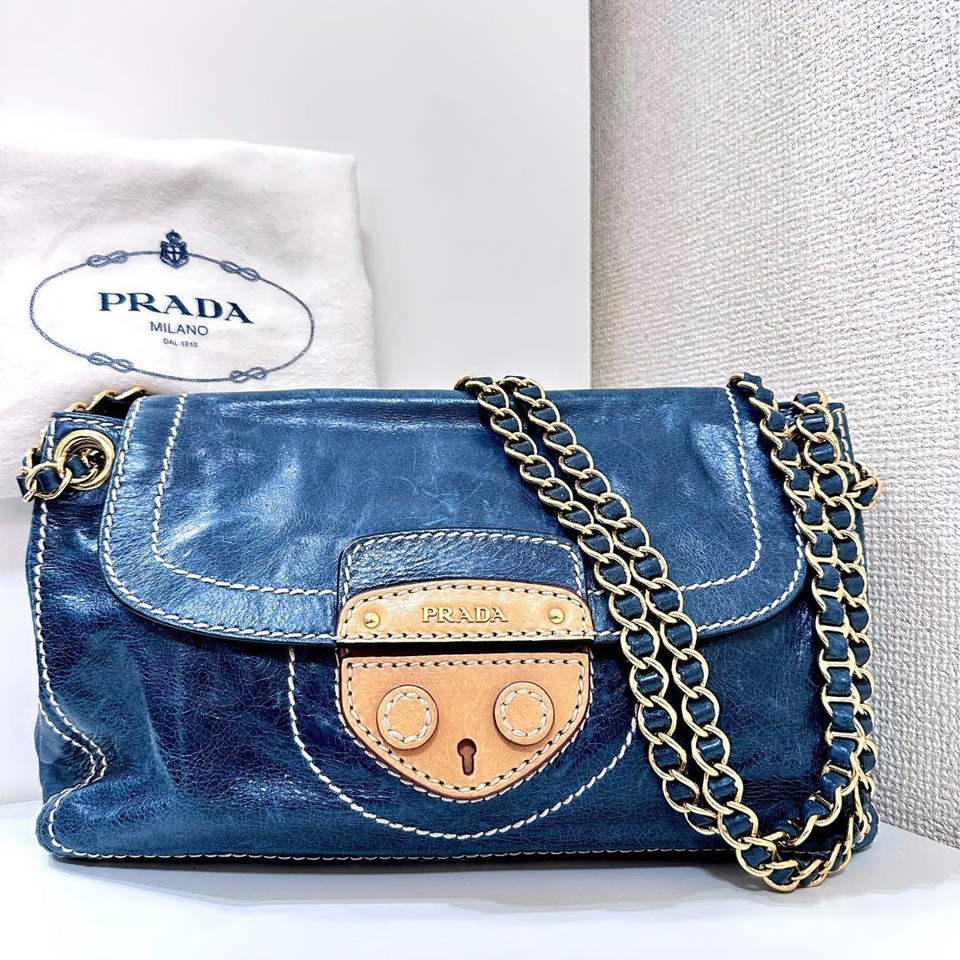 PRADA Vitello Shine Leather Chain Shoulder Bag Navy Gold Italy With Accessories