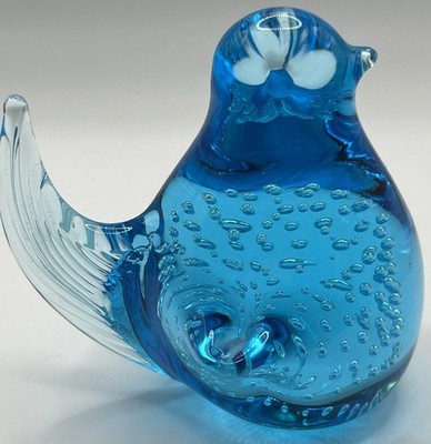 Hand Blown Glass Bluebird Art Glass Bullicante Bubbles Paperweight