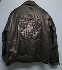 United States MARINE CORP EMBOSSED Black Leather JACKET Men’s Medium Made IN USA