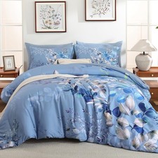 Blue Comforter Set Queen Size 7 Pieces Bed in a Queen 90"x 90" Blue Leaf