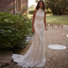 Handmade Flowers Halter Mermaid Wedding Dress Dreamy Appliques Lace Bride Gown
