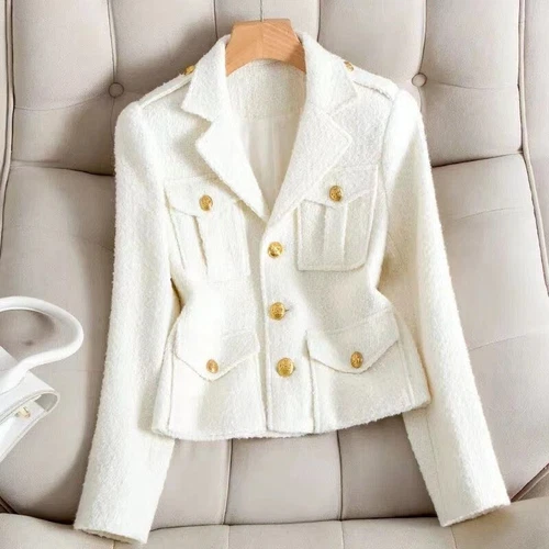 Damen Wolle Anzug Kragen Knopf Mantel Kurz OL Formell Kleid Tweed Jacke Schlankmacher - Bild 1 von 9