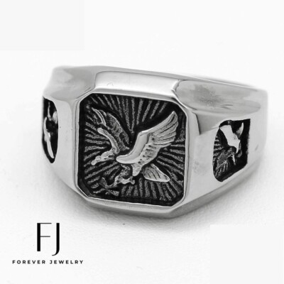 #ad #ad Men#x27;s Black Silver Stainless Steel EAGLE Ring Size: 8 13 High Polish Box $15.99